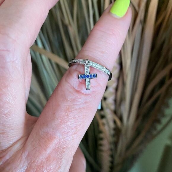 Sapphire Cross Dangle Sterling Silver CZ Ring Sizes 9,10 - Picture 1 of 6